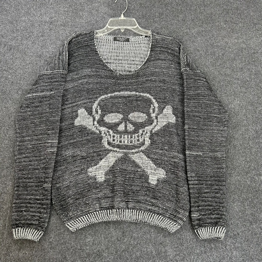 REMEL London Women's Sweater Long Sleeve Skull Crossbones Graphic Black Gray - Picture 1 of 9